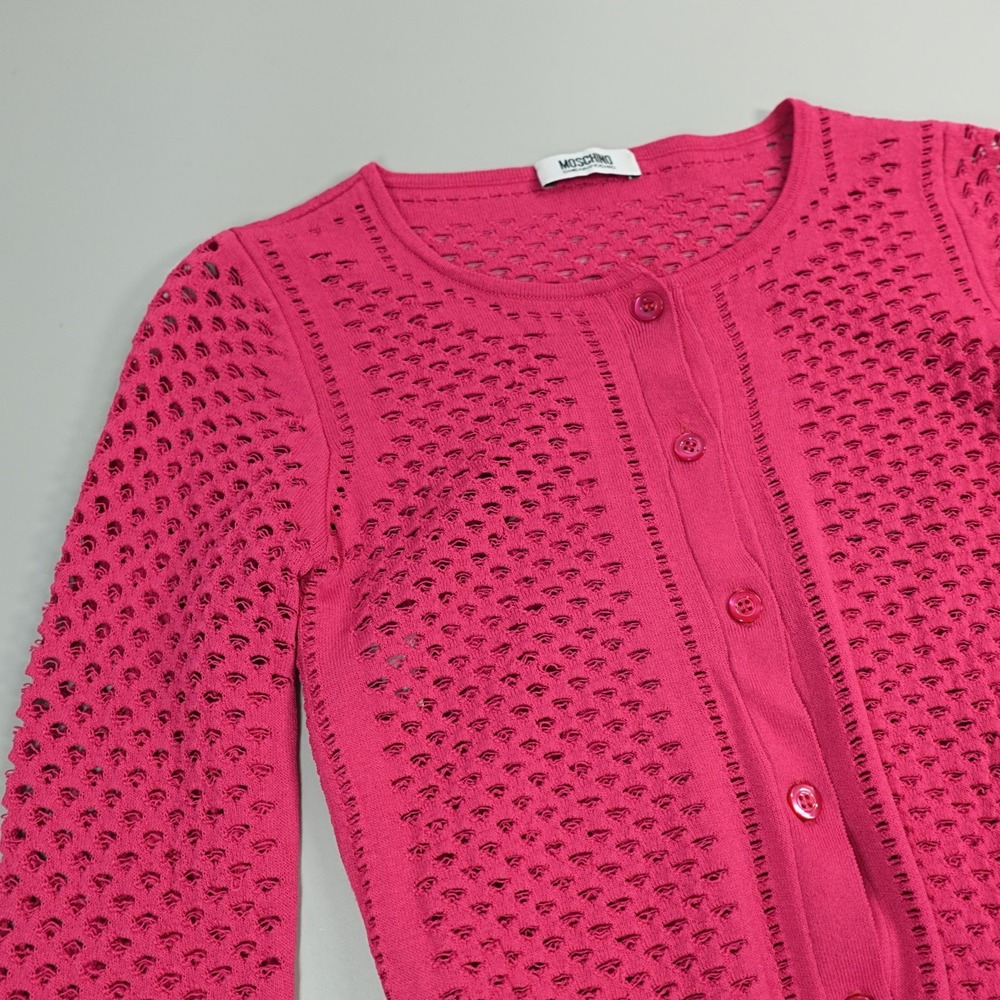 Moschino Cardigan Womens 4 Pink Cropped Fine‎ Knit Open Stitched Statement Italy - Picture 12 of 16